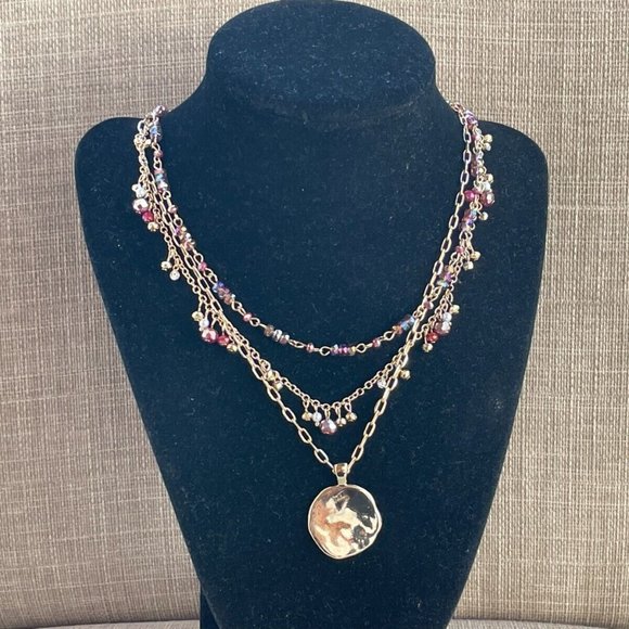 Style & Co. Necklaces Gold plated Multi Rows Faceted Beads Hammered Coin Pendant - Picture 2 of 12